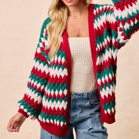 BIBI Christmas Chunky Knit Red Green White Cardigan - Picture 10 of 14